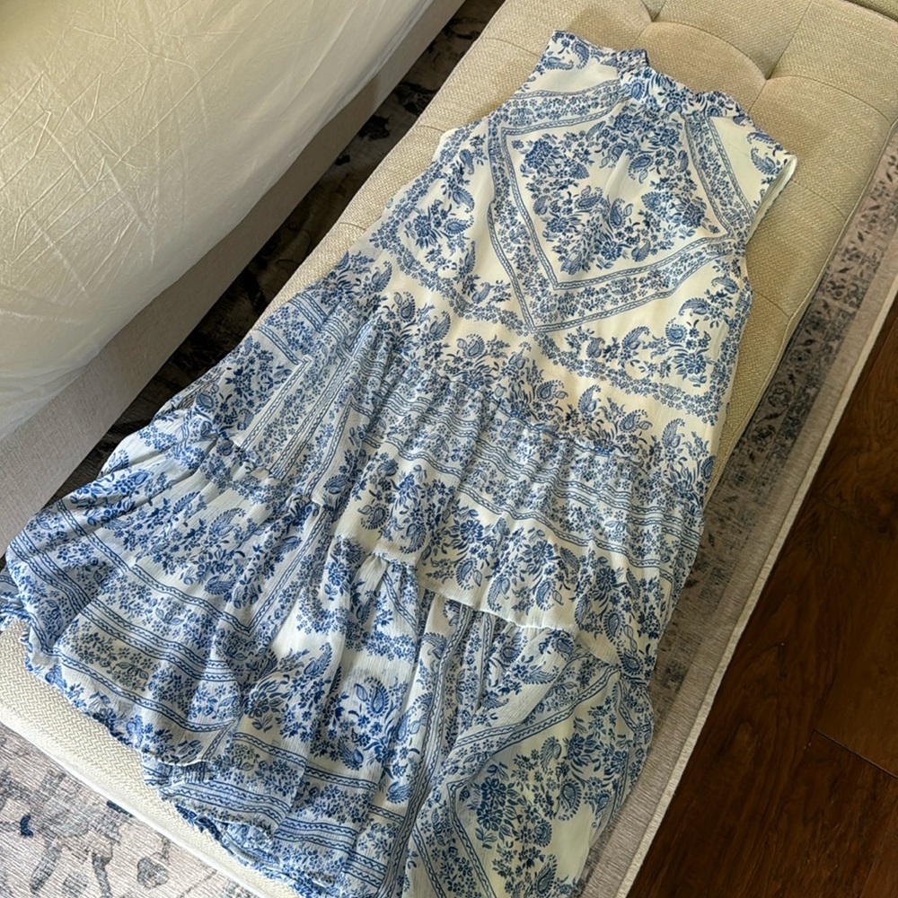 CALVIN KLEIN lined blue white dress with bow back size 2
